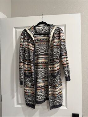 Monteau Los Angeles Long Hooded Fair Isle Cardigan Sweater - sz s